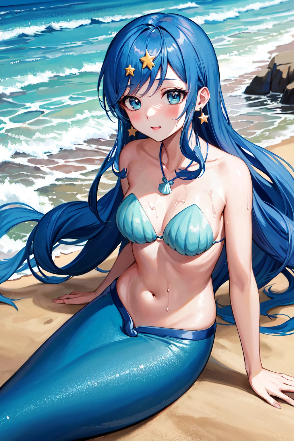 masterpiece, best quality, highres, ho1, blue hair, long hair, star (symbol), necklace, earrings, star hair ornament, mermaid, shell bikini, bracelet, <lora:houshou_hanon_v1:0.7>, beach, ocean, wet