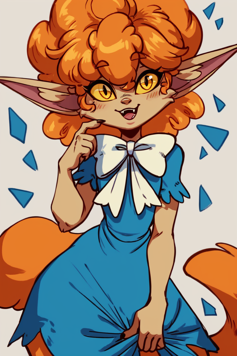 score_9, score_8_up, score_8,   BREAK, ,  ,,, <lora:WinnieWerewolf_PDXL:0.8>, zzWinnie, orange hair, pointy ears, 1girl, yellow sclera, yellow eyes, colored sclera, furry, colored skin, animal ears,   dress, bow, blue dress, white bow, bowtie ,,,  , BREAK, smile, looking at viewer, cowboy shot, ,,, embedding:zPDXL, <lora:DiivesP1:0.7>,