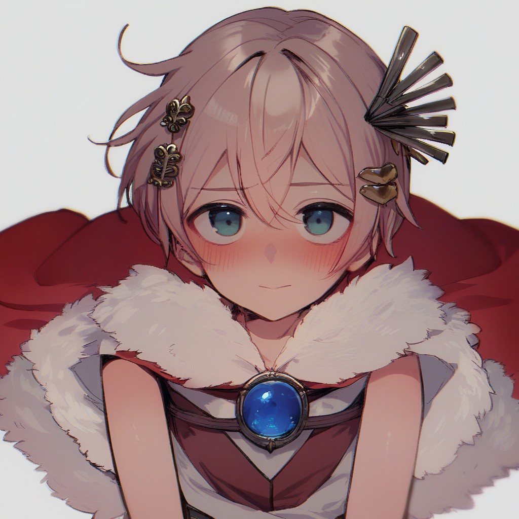 1boy, blush, cloak, closed mouth, drop shadow, hair, hair ornament, looking at viewer, male focus, no nose, red cloak, shirt, short hair, solo, tail, trap, score_9,  white background