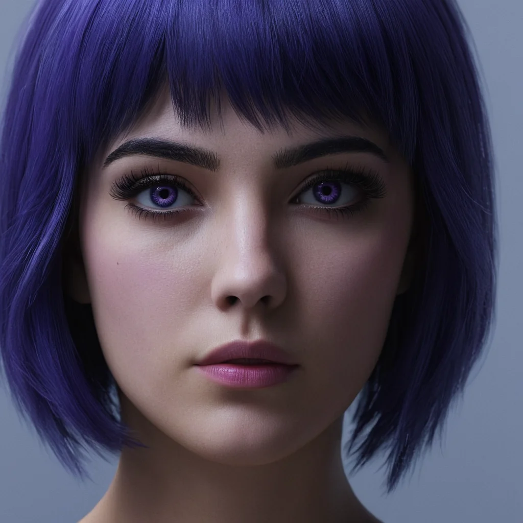 professional 3d model of <lora:Hyperrealism style v2:1> in Hyperrealism style,
An Unreal Engine image of a woman with a purple and black hair,1girl,solo,looking at viewer,bangs,closed mouth,blue hair,lips,makeup,glowing,portrait,close-up,science fiction,realistic,nose,android,joints,robot joints,cyberpunk,mechanical parts , realistic, realism, photorealism, hyperrealism, hyperrealistic, realistic, sharp, detailed, cinematography style, film light style, movie still, professional photography, artistic, perfection, contrast, cinematic, filmic, high quality photo, 8k quality, colorful, photography style, 3D computer graphics, Blender, 3ds Max, Maya, Cinema 4D, ZBrush, AutoCAD, LightWave 3D, Adobe Dimension, virtual reality, 3d, different people, different characters, different models, detailed eyes, detailed nose, detailed ears, detailed environment, detailed body, detailed face, detailed nipples, detailed breasts, detailed feet, detailed hands, perfect, perfection, epic, awesome, Interactive, Cybernetics, different lighting, light, Video games, Film and television, Unreal, real-time 3D, Epic Games style, Unreal Engine style, octane render, highly detailed, volumetric, dramatic lighting