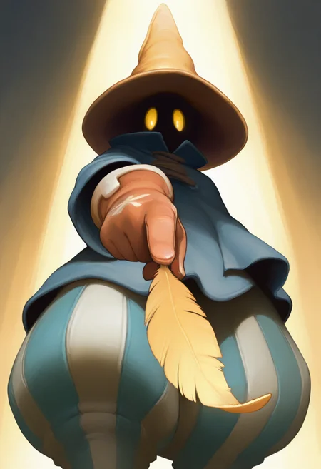 masterpiece, best quality, solo, 1boy, looking at viewer, <lora:Ziggy-illus_Fp:1>, ziggy, yellow eyes, shaded face, faceless, no mouth, wizard hat, striped pants, cloak, robe, gloves, puffy pants, dim lighting, holding feather, outstretched arm, pov, from below,