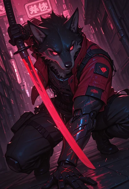 masterpiece, best quality,high quality, newest, highres,8K,HDR,absurdres, 1boy, solo, cyberpunk, short messy fur, glowing red eyes, katana, cybernetic arms, black and red jacket, exposed mechanical joints, battle scars, neon lights, high-tech cityscape, rainy night, sci-fi armor, glowing circuits, combat stance, detailed background, depth of field, power pose, cybernetic enhancements, futuristic samurai, foreshortening, limited palette, dynamic pose, abstract composition, dramatic lighting, cinematic shot, energy sparks., detailed background, dynamic pose, dynamic composition,dutch angle, detailed backgroud,foreshortening,blurry edges, G0thicL1nes, furry, anthro wolf, ookami