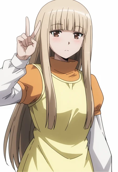 score_9, score_8_up, score_7_up, source_anime, (white background:1.2) ,BREAK, 1girl, solo, <lora:DX888Kashiko:1>, misumi kashiko, brown eyes, blonde hair, long hair, . layered sleeves, dress, v pose