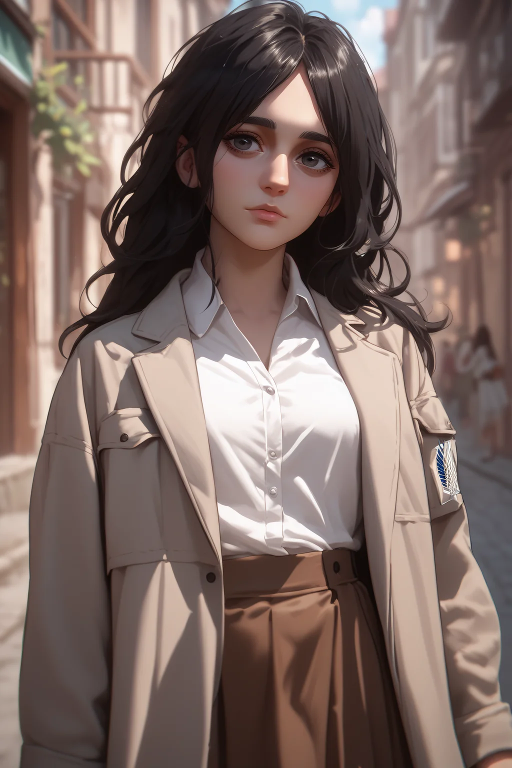 score_9, score_8_up, score_7_up, score_6_up, score_5_up, score_4_up, source_anime, <lora:Pieck Finger-PonyXL-lora-Faxtron:0.8> pieck finger, black eyes, black hair, long hair, medium breasts, beige jacket, white shirt, brown skirt,
