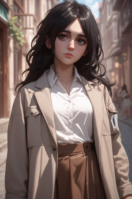 score_9, score_8_up, score_7_up, score_6_up, score_5_up, score_4_up, source_anime, <lora:Pieck Finger-PonyXL-lora-Faxtron:0.8> pieck finger, black eyes, black hair, long hair, medium breasts, beige jacket, white shirt, brown skirt,