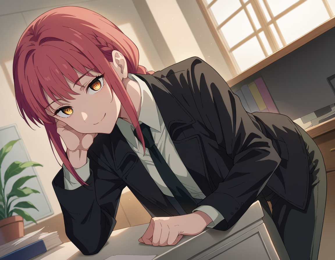 score_9, score_8_up, score_7_up, source_anime,
makima, <lora:chainsaw-man-makima-s1-ponyxl-lora-nochekaiser:1>
makima, long hair, smile, bangs, yellow eyes, braid, red hair, braided ponytail, ringed eyes,
shirt, long sleeves, jacket, white shirt, necktie, collared shirt, pants, black jacket, black pants, formal, suit, black necktie, shirt tucked in, office lady,
indoors, office, bent over, smile,
looking at viewer, cowboy shot, dutch angle,