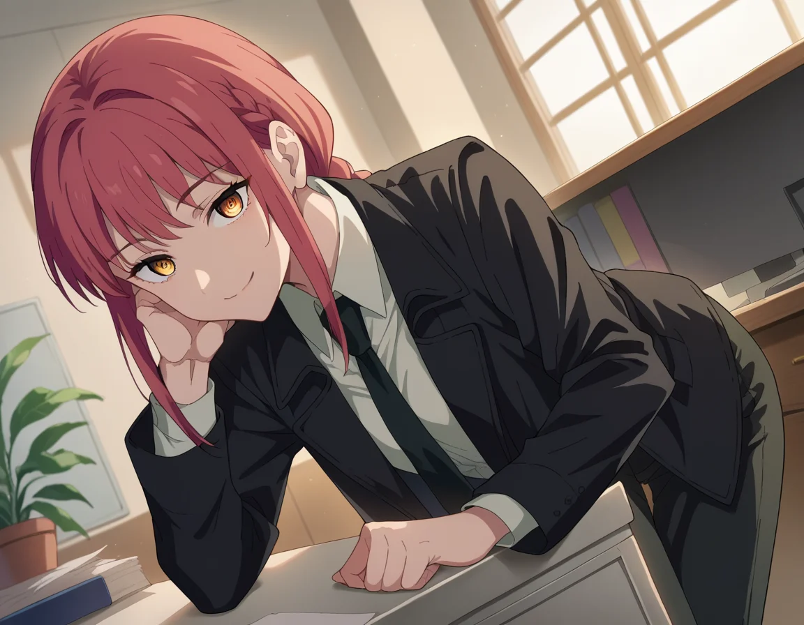 score_9, score_8_up, score_7_up, source_anime,
makima, <lora:chainsaw-man-makima-s1-ponyxl-lora-nochekaiser:1>
makima, long hair, smile, bangs, yellow eyes, braid, red hair, braided ponytail, ringed eyes,
shirt, long sleeves, jacket, white shirt, necktie, collared shirt, pants, black jacket, black pants, formal, suit, black necktie, shirt tucked in, office lady,
indoors, office, bent over, smile,
looking at viewer, cowboy shot, dutch angle,
