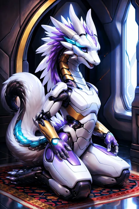 <lora:add_detail:1>,
 ultra realistic, masterpiece, (wildlife|fashion) photography, (Violet ambient light),
three-quarter back view, backside, seen from behind, hero view,
solo,
cute female anthro skunk, beautiful, beautiful body, young, small breasts, flat chest, Turquoise body,
detailed mouth, (thick thighs:0.3), ((cute)), rendered eyes, ambient light reflected on body, intricate gold,
dragon, <lora:Dragons v1:0.3>, golden anklet, elegant glasses,
(bent forward:0,5), looking up, kneeling,
looking at viewer,
uploaded on e621, (by Manmosu Marimo:0.5), by Barbara Takenaga, (by darkgem_0.5), by Affandi, by Youjomodoki,
<lora:Animal_mecha:0.8>, animal mecha, realistic, (engraved metal surface), cyborg,
<lora:add_detail:0.5>,
happy,
futuristic cathedral, decorated science fiction interior,
cluster of white daisies dotting a green meadow, Sci-Fi Penthouse Suite, A luxurious penthouse with transparent walls offering panoramic views of the cosmos, equipped with floating furniture, smart surfaces, and interactive holographic interfaces, Morphing Shape-Shifting Furniture, Adaptive furniture that changes shape and form based on user preferences or the intended function, seamlessly morphing to suit various needs,
detailed embroidered oriental carpet,
detailed, realistic, 8k uhd, high quality, high quality photography, 3 point lighting, flash with softbox, 4k, Canon EOS R3, hdr, smooth, sharp focus, high resolution, 80mm, f2.8,
cinematic composition, highly detailed, masterpiece, best quality, intricate, (high detail:1.4), film photography, sharp focus,