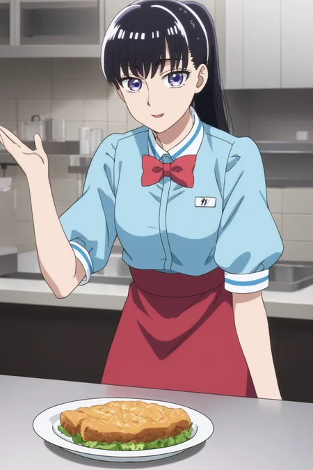 tachibana akira, long hair, black hair, ponytails, purple eyes, tachibawaitress, , blue shirt, white collar, red bowtie, short sleeves, puffy short sleeves, black skirt, red apron, white kneehighs, loafers, <lora:Akira_Tachibana:0.9>, score_9, score_8_up, score_7_up, score_6_up, score_5_up, source_anime, rating_safe, indoors, restaurant, 1girl, solo, (dynamic pose:1.2),