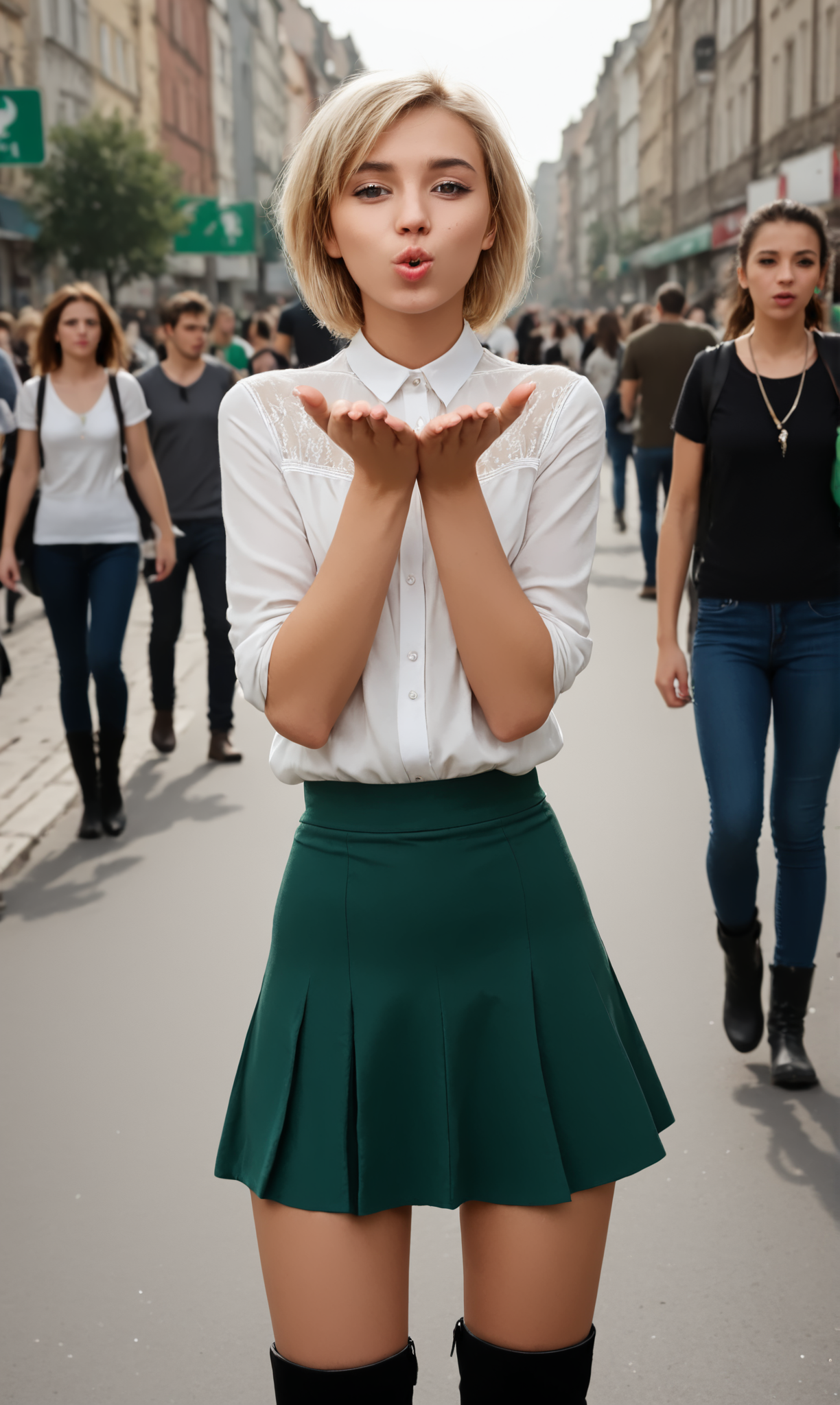 blaiki, wiboha, (slim 25 years old girl) in green skirt and white blouse  is blowing an air kiss with both hands, standing in a crowded street. black (thigh high boots), necklace,  short blonde hair  
  <lora:AirKiss:1>