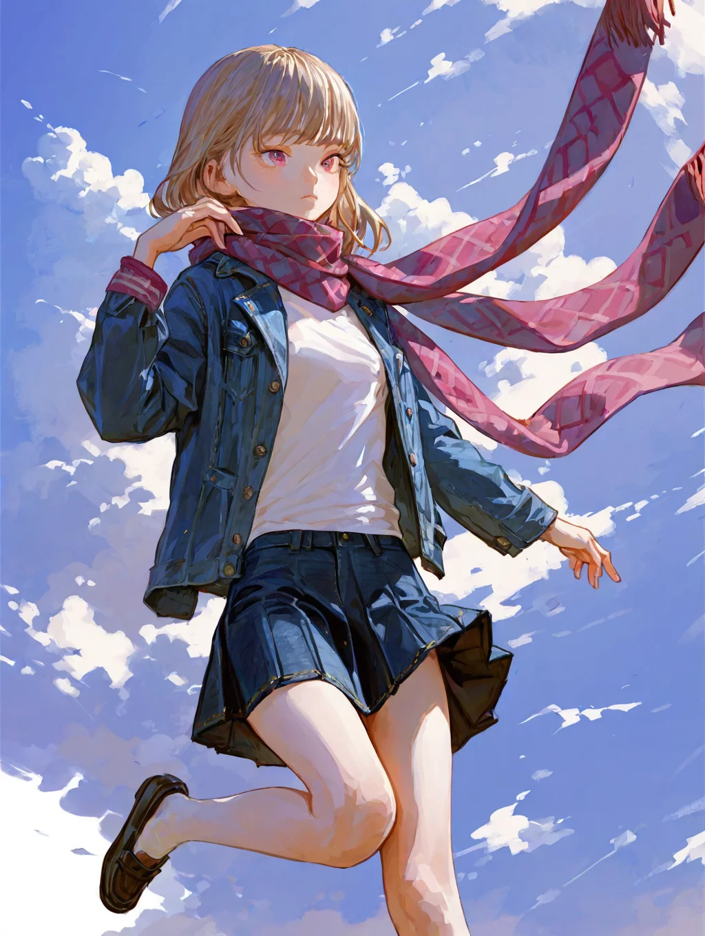 (score_9,score_8_up,score_7_up),high quality,best quality,Highly detailed,highres,1girl,1girl,<lora:FKEY_XL:0.8>,(Denim jacket:1.2), White T-shirt, (Maxi skirt:1.3), (Fringe scarf:1.2), Loafers