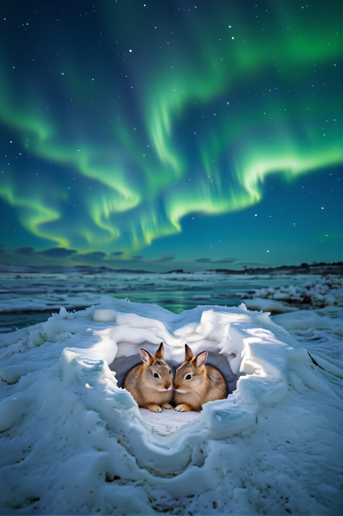 Beneath the Northern Lights, deep in an endless frozen tundra where icy winds cut through the silence, two Arctic hares nestle together inside a heart-shaped hollow carved into a snowdrift. Their tiny, soft bodies radiate warmth against the cold, their fur illuminated by the ethereal romantic glow of the swirling auroras above. The world around them is vast and unforgiving, yet within their heart-shaped shelter, a sublime natural beauty unfolds, turning their fragile embrace into a beacon of love in the frozen wilderness.
<lora:ethereal-romantic-glow-flux:1> <lora:paws-and-hearts-flux:1>