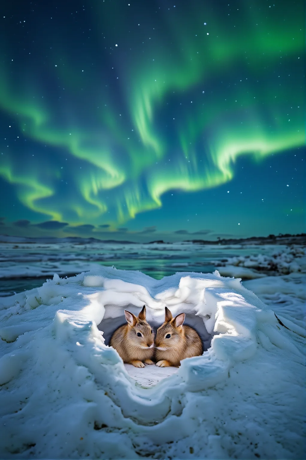 Beneath the Northern Lights, deep in an endless frozen tundra where icy winds cut through the silence, two Arctic hares nestle together inside a heart-shaped hollow carved into a snowdrift. Their tiny, soft bodies radiate warmth against the cold, their fur illuminated by the ethereal romantic glow of the swirling auroras above. The world around them is vast and unforgiving, yet within their heart-shaped shelter, a sublime natural beauty unfolds, turning their fragile embrace into a beacon of love in the frozen wilderness.
<lora:ethereal-romantic-glow-flux:1> <lora:paws-and-hearts-flux:1>