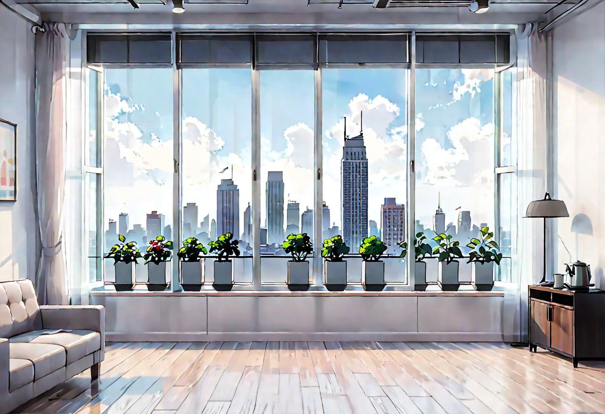 ((((front view)))), Shallow scene, ((animation style)), (((City high-rise building scenery))), ((((City scenery outside the window)))), (Facing the window), (open window), modern-style interior, Wooden floor, with white walls, (large windows), a living room, sofa and coffee table by the window sill, (The sofa is placed horizontally with its back against the window sill), noon, clear sky, low saturation