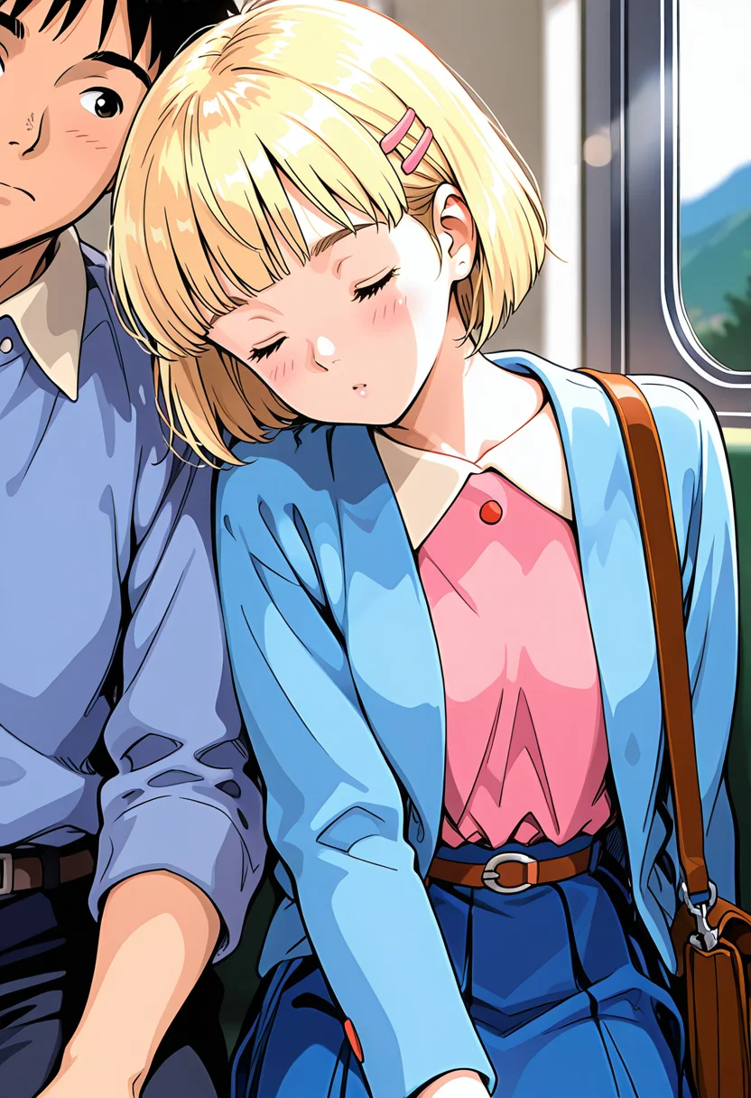 <lora:tomoyo3:0.8>t0m0y0,short hair,blunt bangs,blonde hair,hairclip,pink shirt,collared shirt,belt,blue skirt,blue jacket,shoulder bag,head on another's shoulder,studio ghibli,1boy, very awa, masterpiece, best quality, amazing quality, very aesthetic, absurdres, sensitive, newest <lora:spo_sdxl_10ep_4k-data_lora_webui:0.7>,