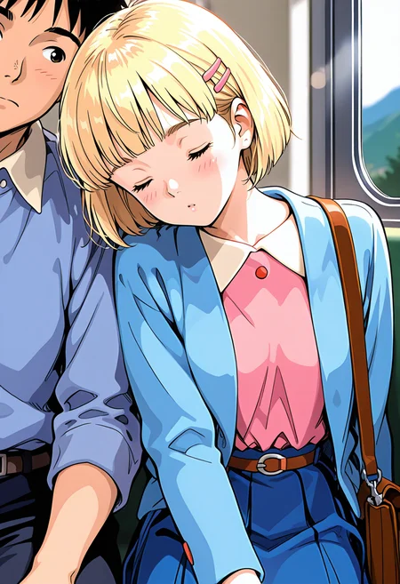 <lora:tomoyo3:0.8>t0m0y0,short hair,blunt bangs,blonde hair,hairclip,pink shirt,collared shirt,belt,blue skirt,blue jacket,shoulder bag,head on another's shoulder,studio ghibli,1boy, very awa, masterpiece, best quality, amazing quality, very aesthetic, absurdres, sensitive, newest <lora:spo_sdxl_10ep_4k-data_lora_webui:0.7>,