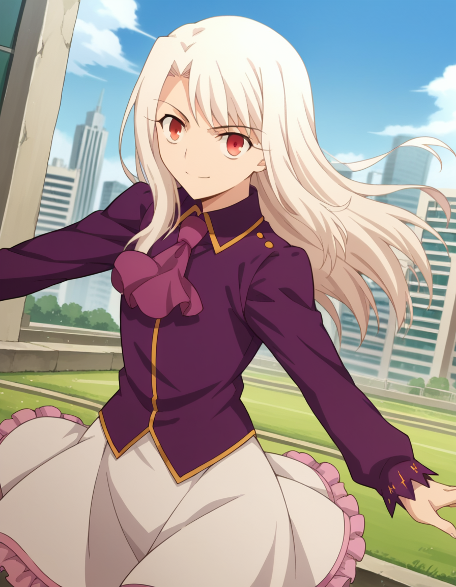 score_9, score_8_up, score_7_up, source_anime, 
illyasvielvoneinzbern, <lora:illyasviel-von-einzbern-ponyxl-lora-nochekaiser:1>, 
illyasviel von einzbern, long hair, red eyes, white hair, smile,
skirt, shirt, long sleeves, boots, ascot, white skirt, frilled skirt, purple shirt,
outdoors, cityscape,
looking at viewer, cowboy shot, dutch angle, dynamic pose,