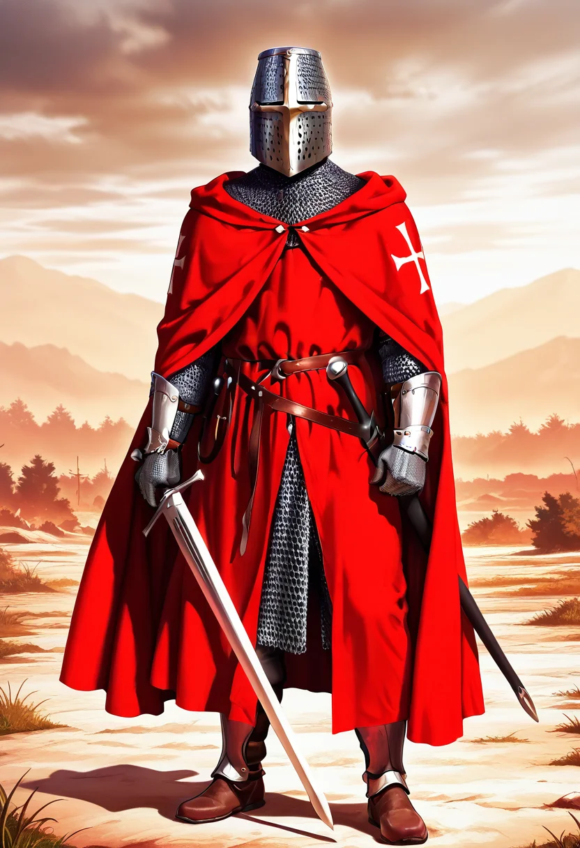 masterpiece, best quality, absurdres, detailed skin, detailed eyes, anime colored, anime screencap,
1 man, holding polearm,
<lora:Great_Helm:0.8>, chainmail, greathelm, sword, sheathed, red cape, gauntlets,