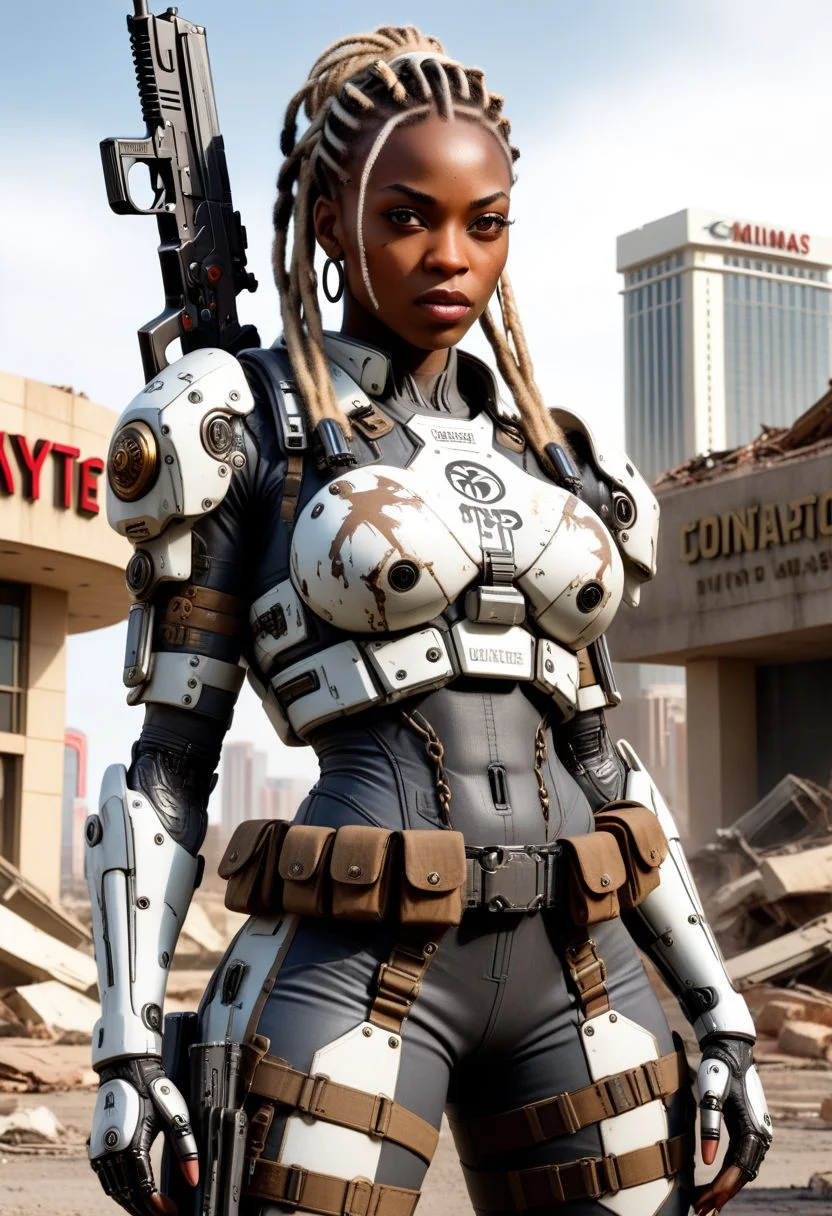 Masterpiece, Nigerian woman , african girl, darkskin, hazel eyes, big eyes, (((long blonde dreadlocks)), ((braided hair on sides)) , tattoo on arm, (((wide hips)))), ((semi muscular body)), (post apocalyptic woman), wearing a sleek white cybernetic jumpsuit with black highlights, commanding and threatening expression, cutting-edge tactical gadgets, razor-sharp wit, illegal tech and weapon, (destroyed city after nuclear blast), standing in front of a warzone Las Vegas Hotel, (post apocalyptic), RAW photo, photorealistic, analog style, subsurface scattering, photorealism, absurd res), ((closeup)),, athletic body, toned abs,,OverallDetail, KodakPhotoMaybe, big tits, ohwx woman, cowboy shot ,falloutlandsdxl, falloutgun, mad-bdyarmr, dirty and worn armor,slcn breasts, , falloutlandsdxl, Asian-Less2-Neg, holding gun, rifle