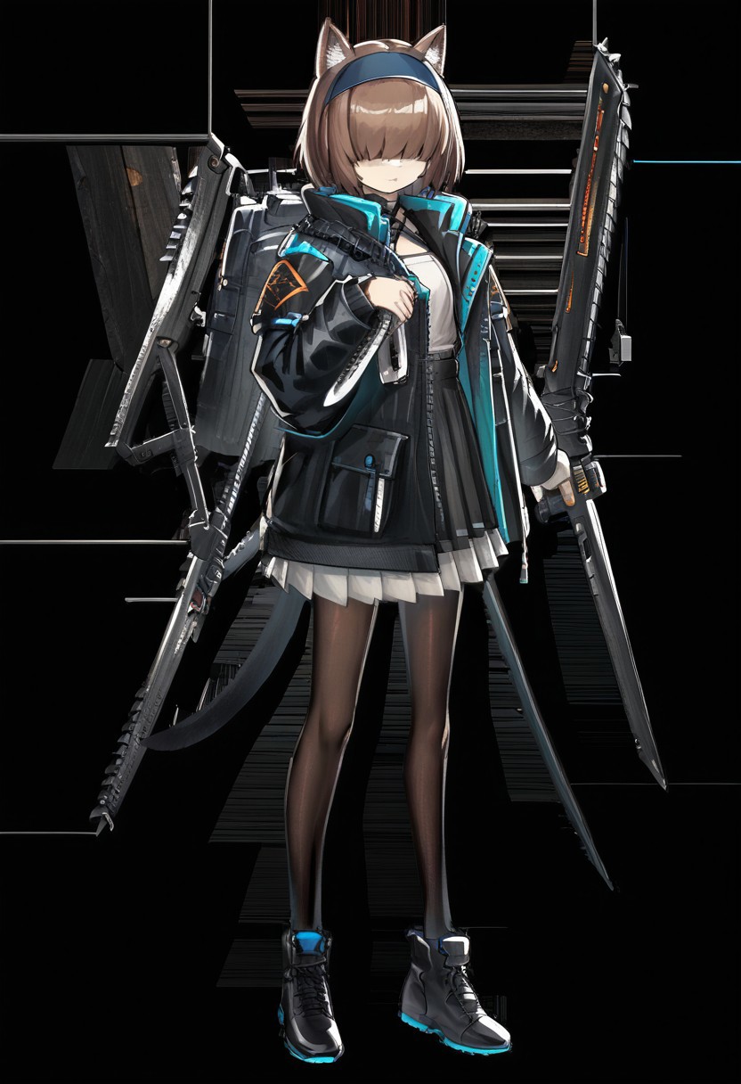 One girl,brown hair,cat ears, blue headband，weapon, jacket,(((hair cover eyes))))
pantyhose,, black footwear, tail,jacket
(((bg-industrial)))(((bg-scifi)))
((((((40kchainsword)))))))