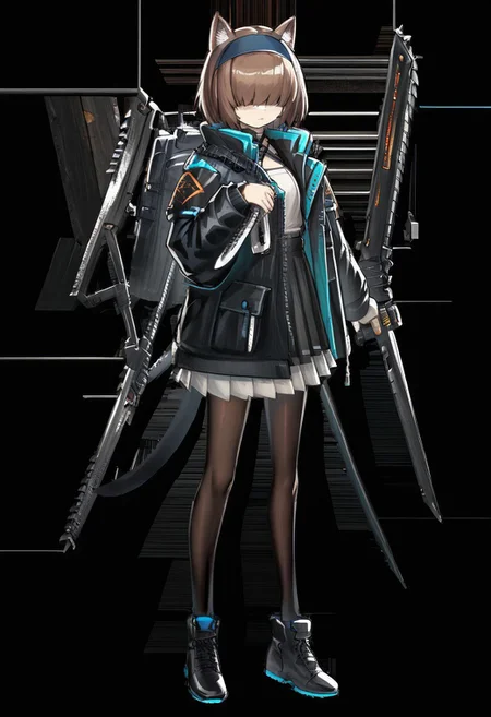 One girl,brown hair,cat ears, blue headband,weapon, jacket,(((hair cover eyes))))
pantyhose,, black footwear, tail,jacket
(((bg-industrial)))(((bg-scifi)))
((((((40kchainsword)))))))