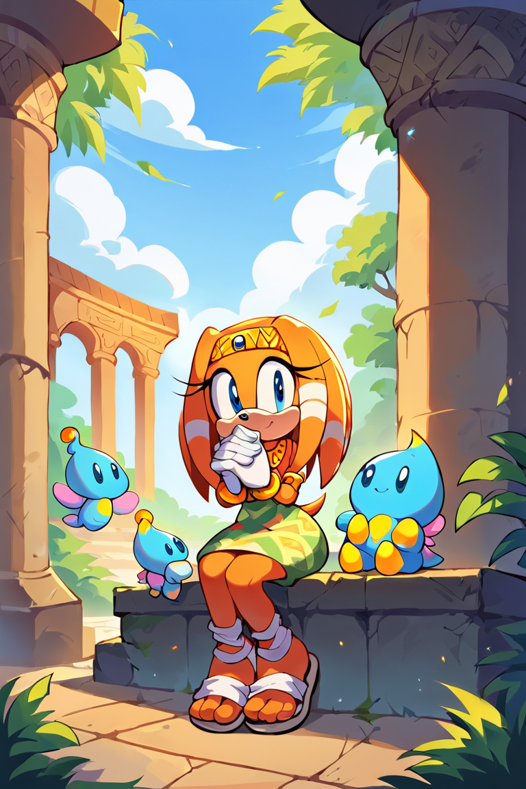 score_9,  score_8_up, 2D, flat color, 1girl, solo, outdoors, tikal the echidna from the sonic the hedgehog series, wide hips, narrow waist, sandals, pattern skirt, sitting on stone steps, temple, hands together, happy, smiling, multiple chao  <lora:TikalSDXL:0.70>  <lora:Smooth Anime 2 Style SDXL_LoRA_Pony Diffusion V6 XL:1>