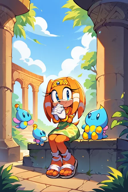 score_9,  score_8_up, 2D, flat color, 1girl, solo, outdoors, tikal the echidna from the sonic the hedgehog series, wide hips, narrow waist, sandals, pattern skirt, sitting on stone steps, temple, hands together, happy, smiling, multiple chao  <lora:TikalSDXL:0.70>  <lora:Smooth Anime 2 Style SDXL_LoRA_Pony Diffusion V6 XL:1>