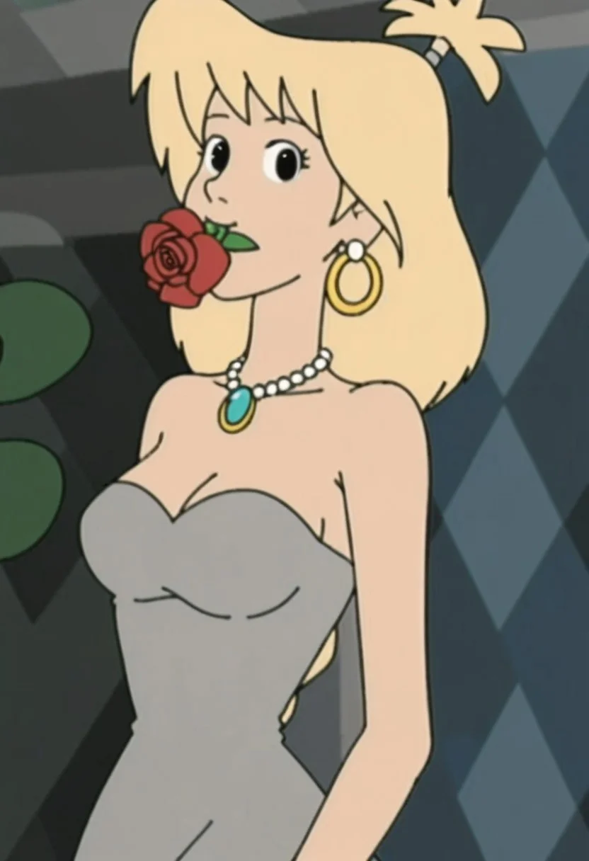woman, tiffany, kangoo,1girl, jewelry, flower, solo, earrings, blonde hair, dress, necklace, breasts, rose, flower in mouth, red flower, looking at viewer, strapless dress, holding, strapless, upper body, grey dress, petals, medium hair, red rose, mouth hold, holding flower, medium breasts, bare shoulders, black eyes