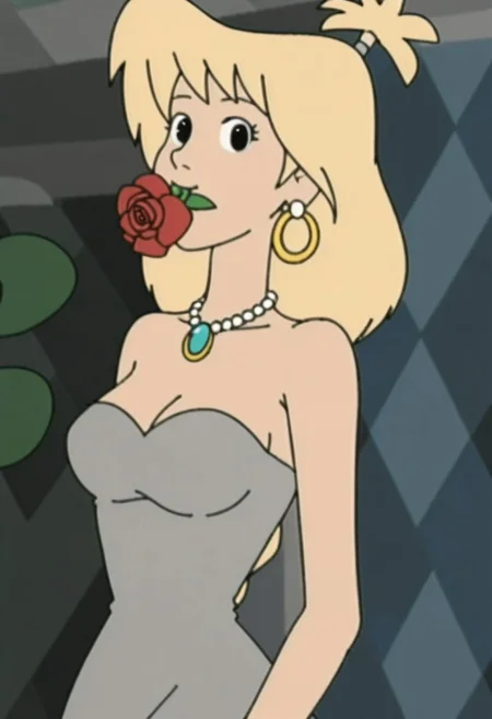 woman, tiffany, kangoo,1girl, jewelry, flower, solo, earrings, blonde hair, dress, necklace, breasts, rose, flower in mouth, red flower, looking at viewer, strapless dress, holding, strapless, upper body, grey dress, petals, medium hair, red rose, mouth hold, holding flower, medium breasts, bare shoulders, black eyes