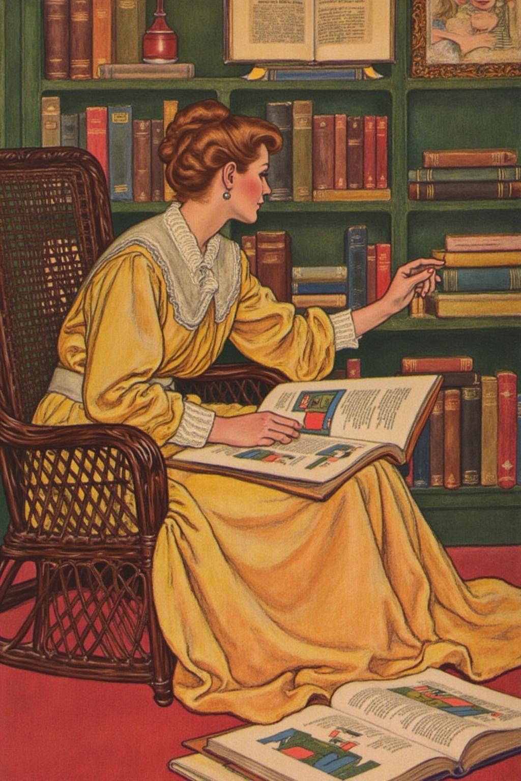 shippengreen1 illustration.
A woman, shown in side profile, is sitting in a comfortable wicker armchair with a high back, there is a large open book on her lap. She is looking at a book on the bookshelf behind her. . Her hair is styled in a neat updo. There is a large open book lying on the floor.
 <lora:shippengreen1_cap_d6a3:1.0><lora:837354675511512642:0>