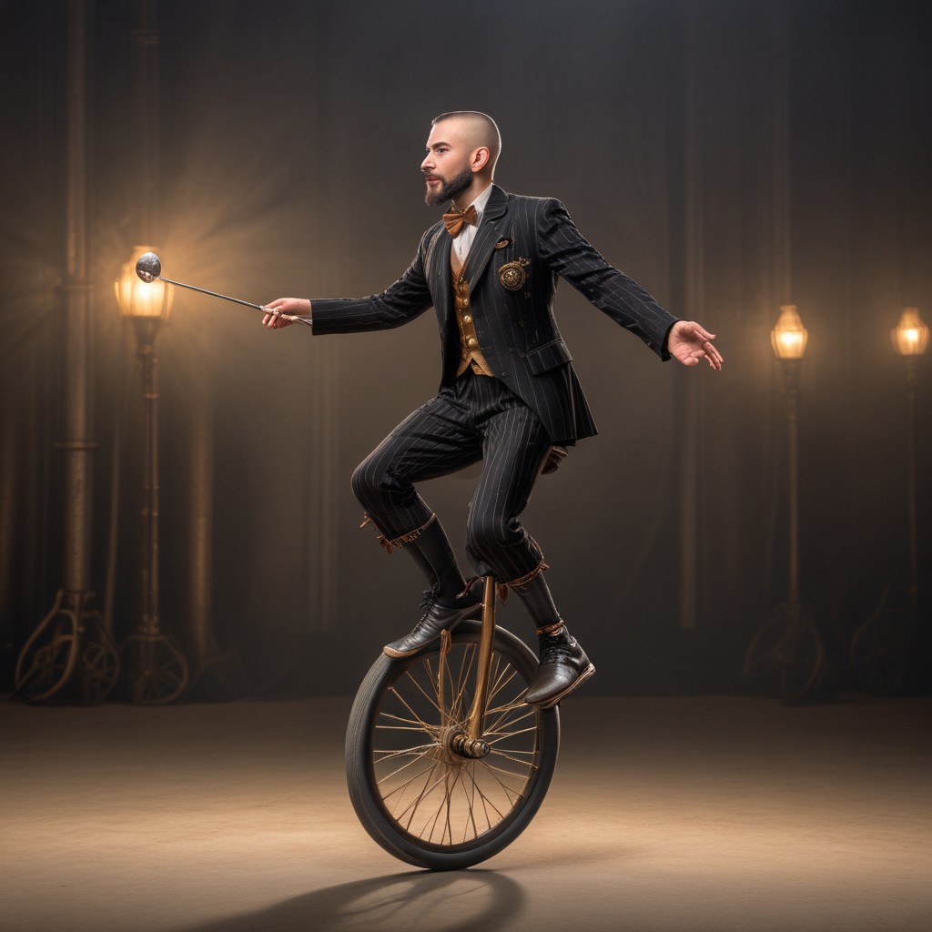 young man, unicyclist mime, shaved head and beard Finely detailed, evening, sneakers boots, elegant pinstripe suit, unicycle, waving, in a steampunk environment