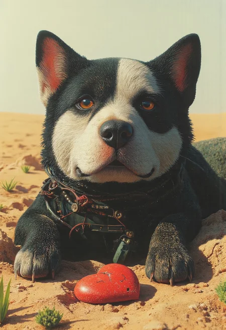 A realistic, intimate close-up of the last cyborg animals—a once-fluffy black cat and a once-soft, clumsy dog—resting in the dust of a barren desert. Their synthetic fur is worn thin, revealing rusted mechanical joints, brittle wiring, and faded circuitry beneath. The cat’s round, glassy eyes flicker weakly, its whiskers—half organic, half frayed metal strands—catching in the dry wind. The dog’s static-ridden ears twitch slightly, its artificial pupils reflecting the pale, washed-out sun hanging in the hazy sky.

Scattered around them, the cracked earth bears the first fragile signs of spring—delicate, struggling shoots of green pushing through the dust, their roots reaching desperately for water that no longer exists. The wind carries the scent of scorched metal and distant sandstorms, whispering through the ruins of a world that has already moved on.

Between them, half-buried in the brittle soil, lies a faded red heart—perhaps scratched into a rusted scrap of metal, or the remains of an old, sun-bleached emblem. A relic of something long lost, a symbol of warmth in a world gone cold. They lean into each other, as if to recall a feeling that once existed, their bodies motionless but still holding onto the last echoes of connection. The desert stretches endlessly before them, the air heavy with dust and silent with extinction, as they stare into the horizon—searching for a spring that may never come.