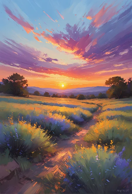 a painting of a sunset sky, in the style of digital painting, soft variations of color, plein air painting, realistic brushwork, strip painting, serene visuals, academic painting<lora:oil_SDXL_v1.0:0.6>