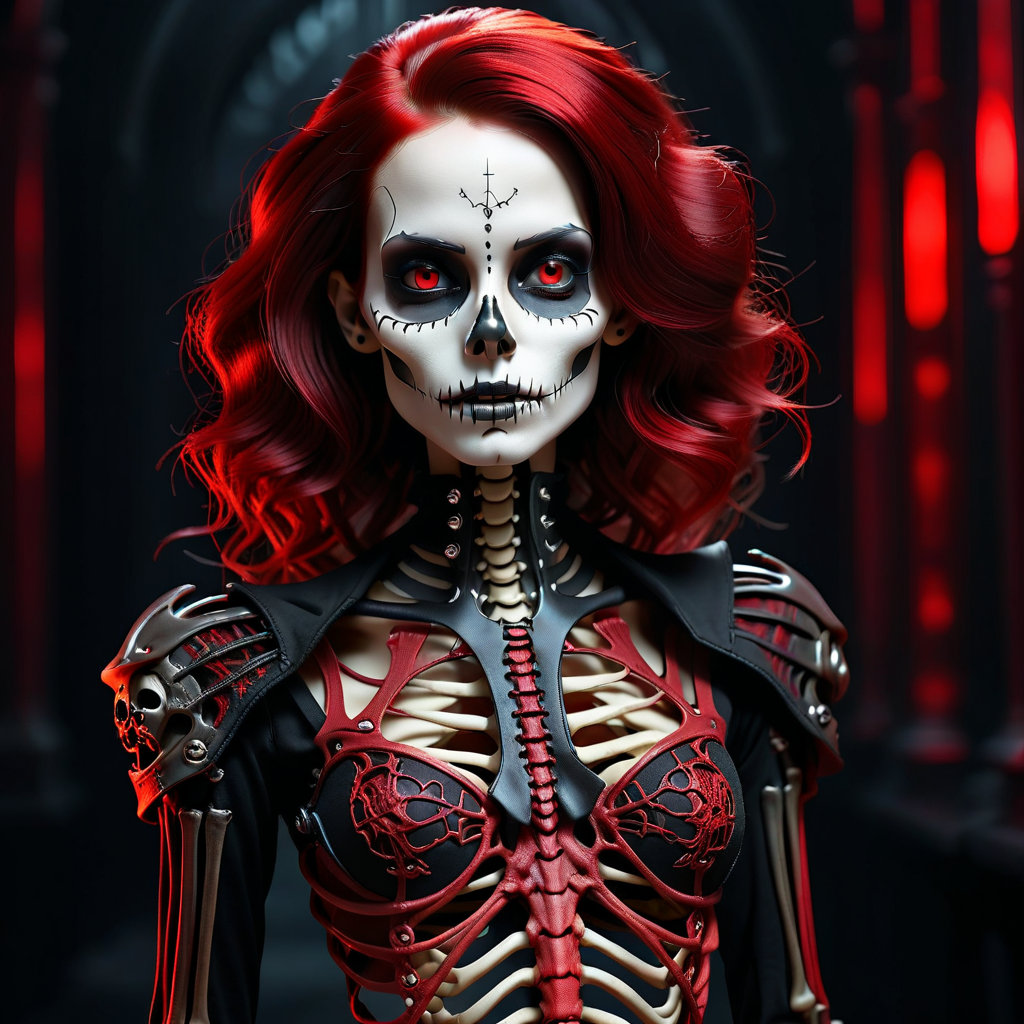 intricate photo of a skeleton girl, vampire clothing, cyberpunk style, gothic art, red and black colors