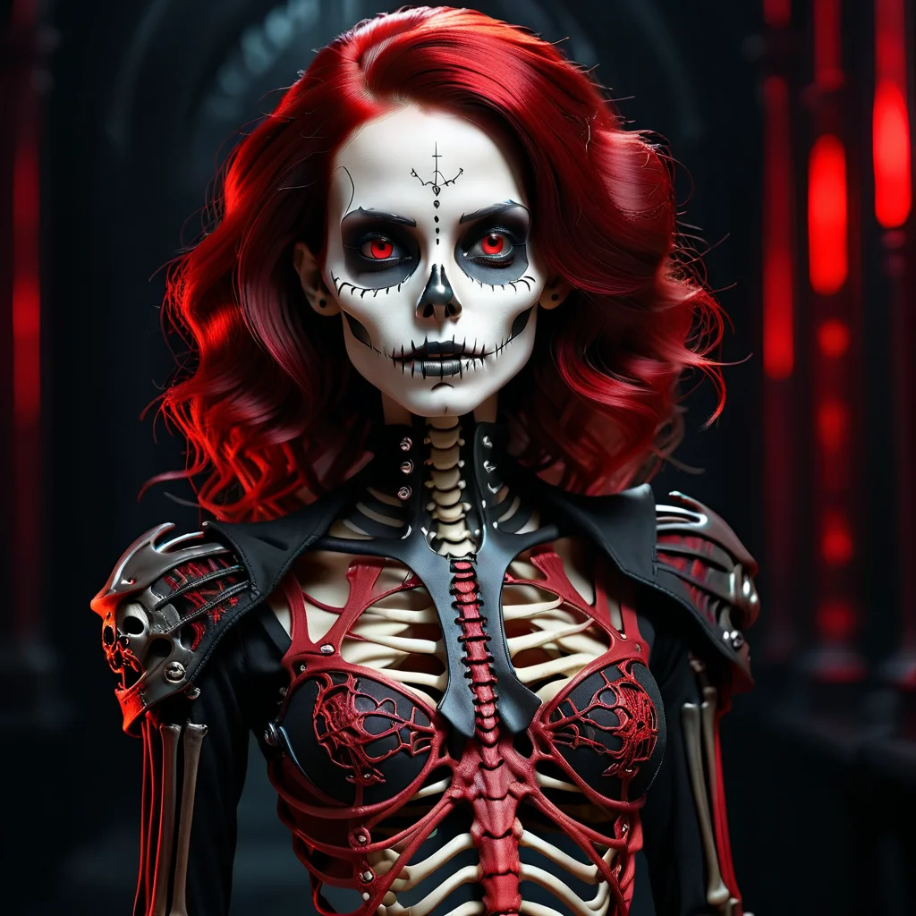 intricate photo of a skeleton girl, vampire clothing, cyberpunk style, gothic art, red and black colors