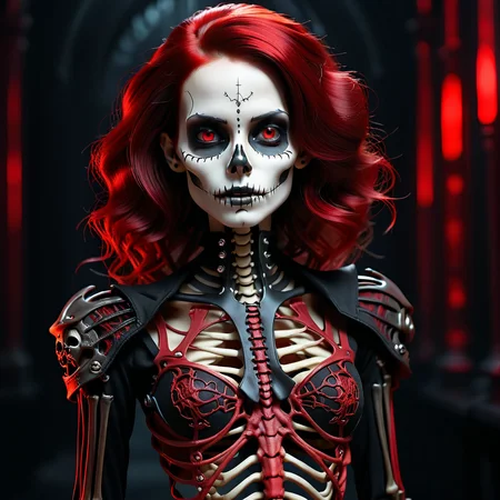 intricate photo of a skeleton girl, vampire clothing, cyberpunk style, gothic art, red and black colors