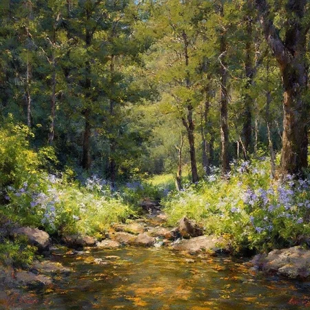 Paint a breathtaking scene of an ancient, sun-dappled forest. The sunlight filters through the dense canopy of towering trees, casting intricate patterns of light and shadow on the forest floor. A winding path, carpeted with soft moss, invites exploration deeper into the woods. Delicate wildflowers bloom in vibrant hues, attracting a kaleidoscope of butterflies. A gentle stream meanders through the scene, its surface reflecting the sunlight and the surrounding foliage. The air is filled with the sounds of birdsong and the rustling of leaves, creating a sense of tranquility and peace