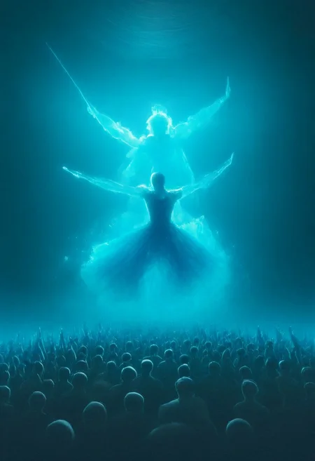 double exposure of Hatsune Miku floating long aqua twintails blending with concert hall full of people, full of details, positive emotional, masterpiece, fairytale, <lora:DoubleExposure:1>, <lora:Hatsune_Miku_for_SDXL_V1.0:0.7> (Hatsune Miku:2), head, portrait, close up, twintails, very long floating twintails, blue hair, blue eyes, <_Concert:1.5> r0ckc0ncert, smoke, light show, instruments, on stage, band