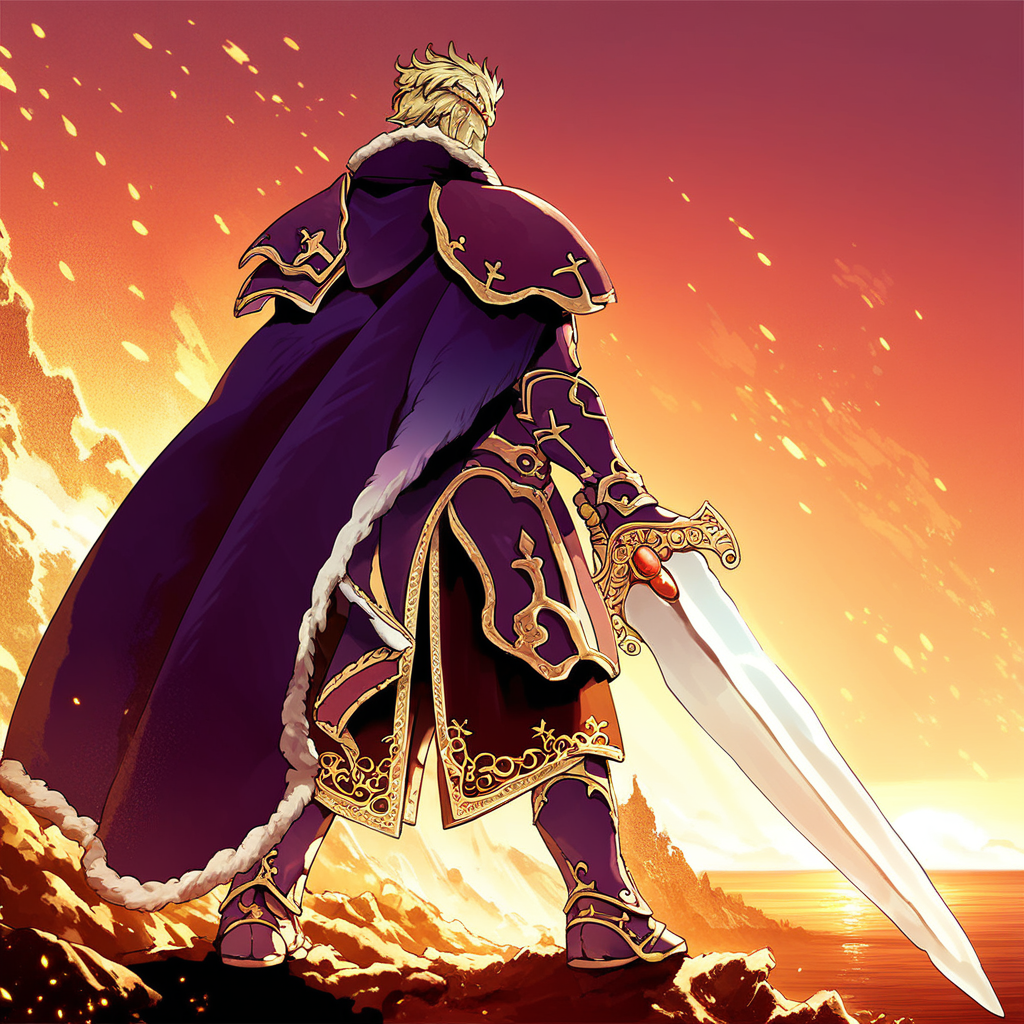 Score_7_up, score_8_up, score_9, zephiel, blonde hair, facial hair, circlet, cape, full body, sword, holding sword, dramatic, scenery, embers, detailed background, sunset,