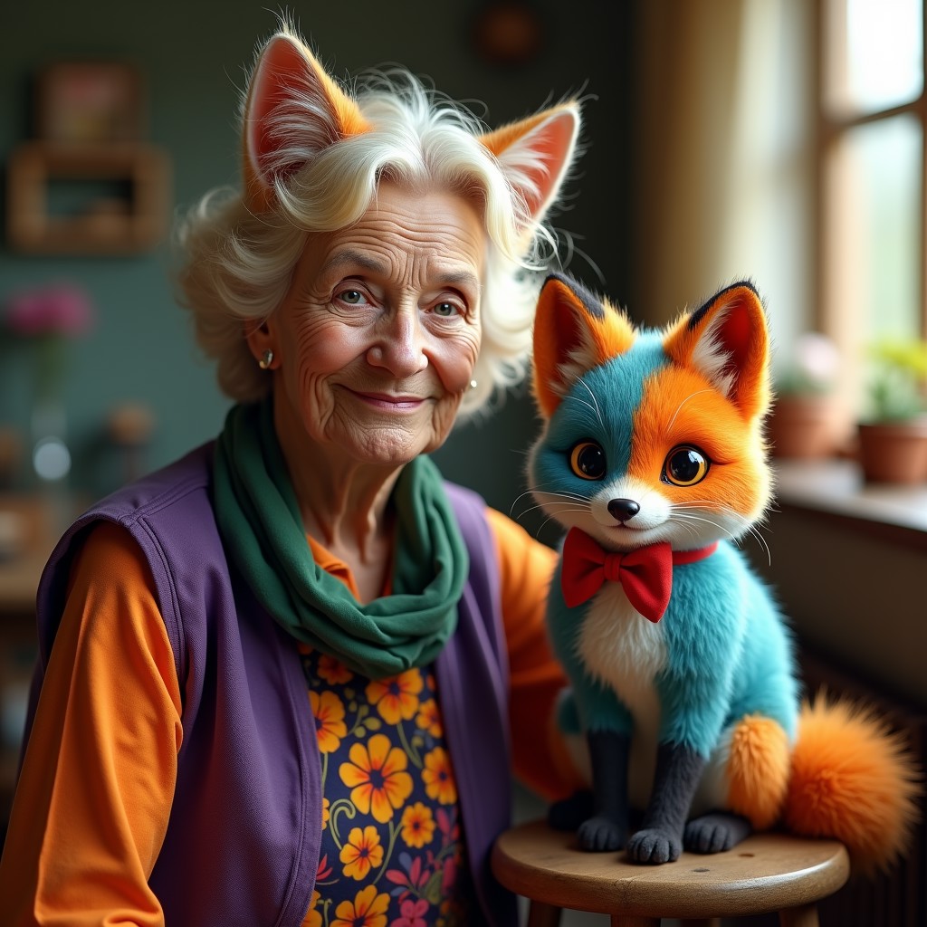 Create a hyper-realistic photo portrait of an elderly woman with soft, golden-blonde hair styled in gentle waves. She has subtle, cat-like features, including small, furry cat ears that blend seamlessly with her natural hair. She is wearing a vibrant and colorful outfit, including a purple vest with floral patterns over a bright orange shirt, and a green scarf tied loosely around her neck. Her expression is warm and kind, with a slight smile that suggests a friendly and gentle demeanor.
Seated beside her on a wooden stool is a small, fox-like creature with an unusual and striking appearance. The fox has a vivid coat of orange and blue fur, with its face split symmetrically between the two colors. It wears a large, red bowtie around its neck, adding a touch of charm and whimsy to its look. The fox's eyes are intelligent and attentive, with one being orange and the other blue, matching the colors of its fur.
The background of the photo is a cozy, well-lit room with soft, natural light filtering in. The walls are adorned with various personal items and decorations that reflect a sense of warmth and comfort, such as framed pictures, bookshelves, and small potted plants. The setting exudes a welcoming, homely atmosphere that complements the unique and endearing characters in the portrait
