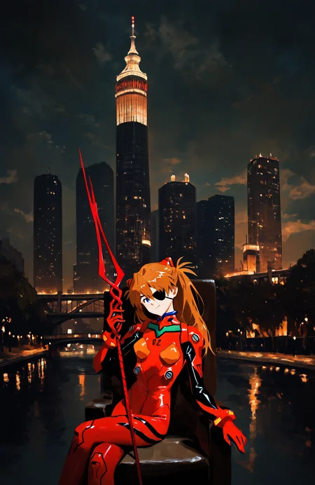 masterpiece, best quality, very aesthetic, absurdres, 1girl,souryuu asuka langley,neon genesis evangelion,eyepatch,red plugsuit,sitting,on throne,crossed legs,head tilt,holding weapon,lance of longinus \\\\(evangelion\\\\),cowboy shot,depth of field,faux traditional media,painterly,impressionism,photo background, ., . , <lora:skyline-abstract:0.8>, sky, city, night, lights, building, cityscape, background, scenery, tower, bridge, architecture, skyline, outdoors, skyscaper, street, star, painting, cloud, river, humans, tree,