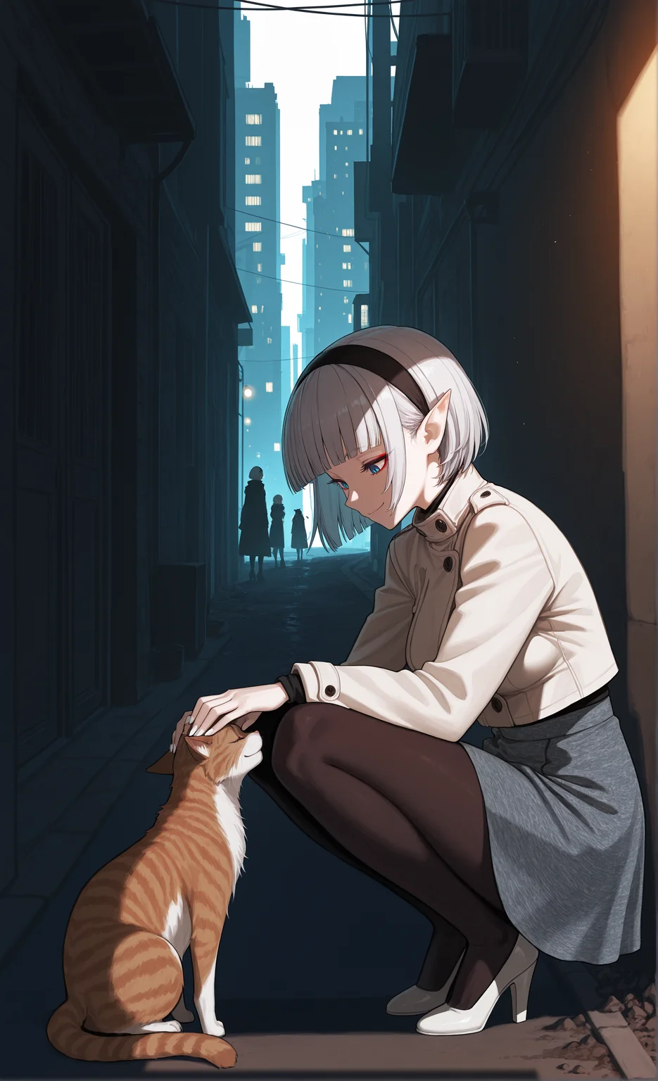 masterpiece, sharp detail, intricate detail, 1girl, pointy ears, blue eyes, short hair, silver hair, black hairband, medium breasts, blunt bangs, smile, <lora:Rokudaime_Illu_Edition:1> RD-Illu, full body, white nails, red eyeliner, long eyelashes, <lora:marl_texture_v0.4-illu10:1> patterned, patterned closed coat, black pantyhose, patterned skirt, white high heels, from side, looking down,  squatting, petting the cat, stray cat, city, asphalt, dirt, chiaroscuro, partially illuminated, volumetric lighting, dappled light, dramatic shadows, cinematic lighting, detailed background, dark alley, urban,