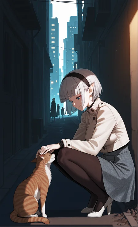 masterpiece, sharp detail, intricate detail, 1girl, pointy ears, blue eyes, short hair, silver hair, black hairband, medium breasts, blunt bangs, smile, <lora:Rokudaime_Illu_Edition:1> RD-Illu, full body, white nails, red eyeliner, long eyelashes, <lora:marl_texture_v0.4-illu10:1> patterned, patterned closed coat, black pantyhose, patterned skirt, white high heels, from side, looking down, squatting, petting the cat, stray cat, city, asphalt, dirt, chiaroscuro, partially illuminated, volumetric lighting, dappled light, dramatic shadows, cinematic lighting, detailed background, dark alley, urban,