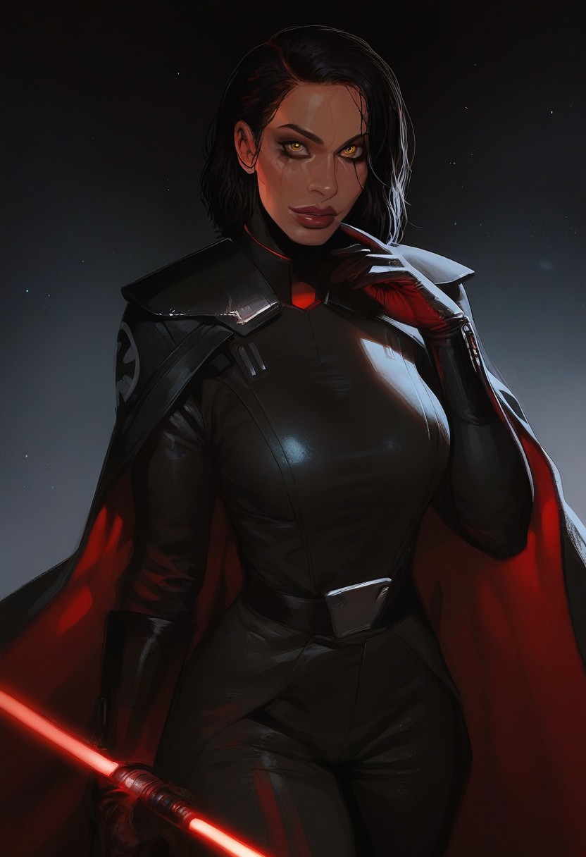 score_9, score_8_up, score_7_up, score_9, score_8_up, score_7_up, black background, bedroom, 1girl, solo, Trilla, black hair, red lightsaber, holding lightsaber, yellow eyes, eye bags, eye shadow, armor,black gloves,tight bodysuit,black footwear,black cape,black pants, huge breasts, helmet with red visor, ruined makeup, black tears, clear features, best quality, black lipstick, detailed face, detailed eyes, beautiful eyes, textured skin, detailed face, beautiful face, Detailed, star wars, science fiction,  looking at viewer, toned body,  sexy pose, seductive look, horny, smiling, red lightsaber, lightsaber in hand,