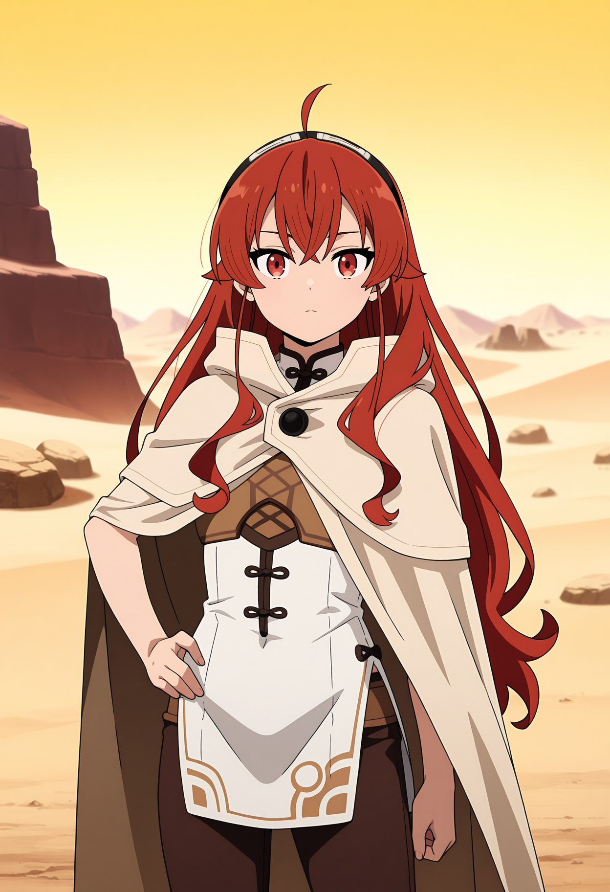 anime screencap, masterpiece, best quality,
<lora:MushokuTensei_ErisBoreasGreyrat_IlluXL:0.9>,
1girl, solo, closed mouth, expressionless,
red hair, long hair, ahoge, crossed bangs, red eyes, black hairband,
ErisWarrior, light brown cape, china dress, white dress, brown breastplate, brown pants,
hand on own hip, standing, looking at viewer, cowboy shot,
outdoors, desert, stone, blurry background, day, yellow sky