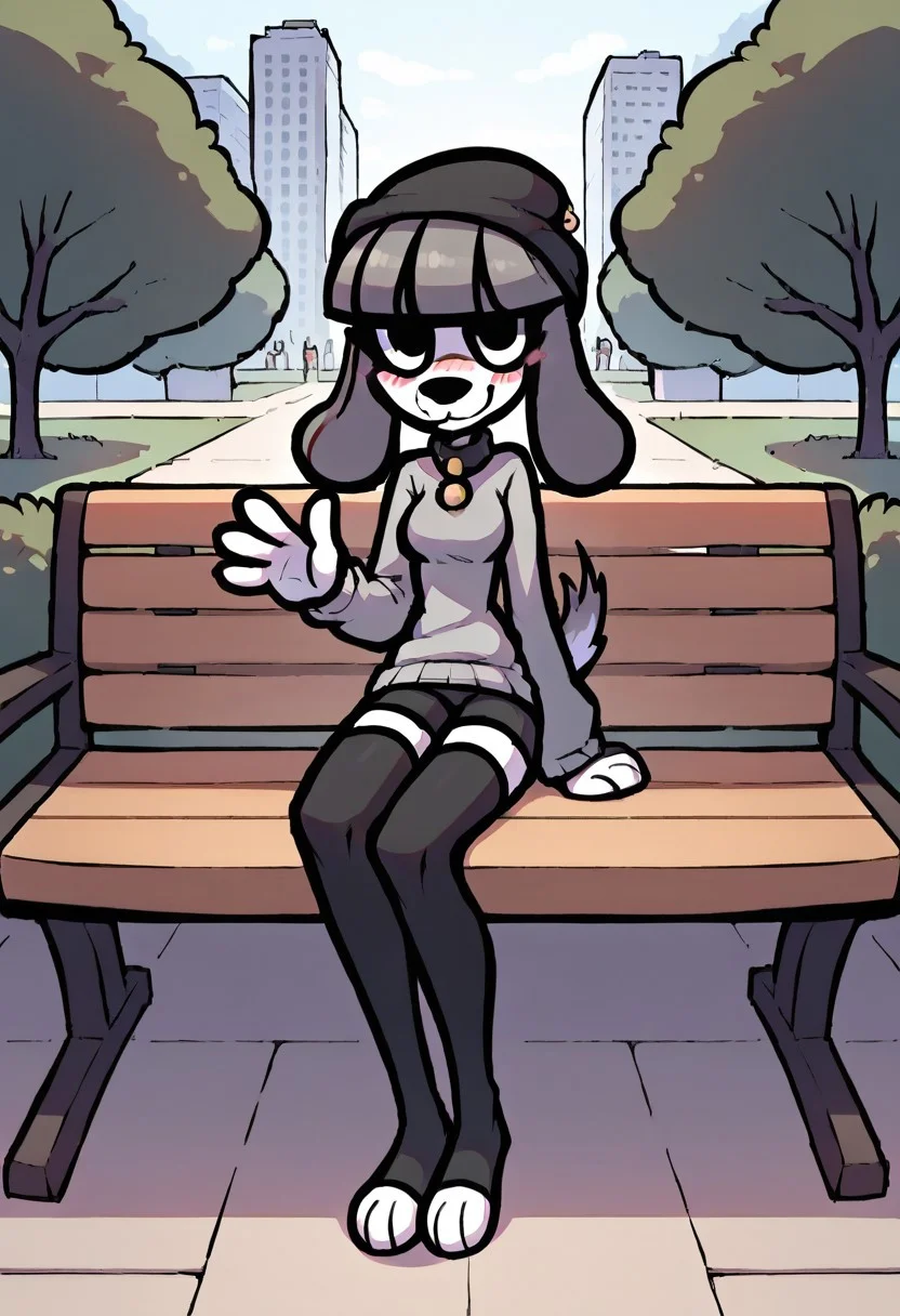 (score_9 | score_8_up | score_7_up)
(masterpiece:1)(best quality,very high quality,ultra detailed:1)
(2D,anime style:1)(Smooth)(clean blurring)
(four fingers on each hand,one thumb on each hand:1)
(detailed hands:1)(solo,alone,one character)
|
(outdoors,park,city,day)(front view,full body view) 
(looking at viewer,smiling,blush)
(sitting on a wooden bench)(waving hand)
|
(Fifi - Somemf)
(furry female,white skin)
(dog girl,white fur,grey hair,dog ears,dog tail)
(black beanie,grey sweater,black shorts,thighhighs,black thighhighs,toeless socks)