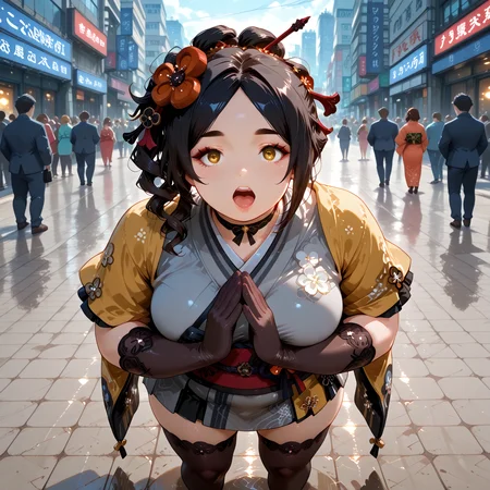 IllusP0s, PonyScores7, source_anime, ah1, IllustriousQual, interesting, exciting, spectacular, wonderful, amazing quality, absolutely eye-catching, 
BREAK <lora:xl_more_art-full_v1:0.2>, <lora:aesthetic_anime_v1s:0.2>, <lora:EpicF4nta5yXL:0.2>, <lora:detailxl:0.2>, detailxl, <lora:Fant5yP0ny:0.2>, amazing quality, best aesthetic, absurdres, illustration, Volumetric_Lighting, ultra-detailed, very aesthetic, intricate details, best_quality,  lazympos, <lora:Add_Details_v1.2:0.4>, <lora:quality_modifiers_masterpieces_v1:0.2>, <lora:ZootPonyAnime_V1_r2:0.2>, <lora:Bestifacator2:0.2>, anime style,
BREAK (((In a bustling city square, a woman stands up against a group of bullies, her voice steady, her stance unyielding, she may be outnumbered, but her courage inspires others to join her, forming a circle of support around the victim, The sound of clapping hands and cheering voices fills the air, a powerful reminder of the strength found in unity))),
BREAK Stable_Yogis_PDXL_Positives, AS-Adult, <lora:Complicated fantasy portrait - XL Pony V2.0:0.2>, bad-hands-5, <lora:HDA_Detailer:0.3>, <lora:natsumi_style:0.2>, <lora:by_usakun-pony:0.2>, by usakun, <lora:Akina_Bbw_Style_-_PonyXL:0.2>, AkinBw, ((Bokeh Panorama shot)),
BREAK 1girl, mature female, (curvy), round-chin, caucasian, <lora:ETO_OC_Illustrius:0.5>, eto_oc, skindentation, (plump), thick thighs, wide hips, busty, voluptuous, <lora:shinyskin2:0.2>, glistening skin, HDA_FatGirlXL, round ass, large breasts, <lora:plussizegirls_IL:0.3>, <lora:plussizegirls_pony:0.3>, <lora:Venus body IXLS3_alpha16.0_rank32_full_last:0.3>, <lora:perfection style:0.2>, perfection style, perfection, 
BREAK ((<lora:Genshin_Chiori_cosplay_v1:0.8>, chiori cosplay costume, chiori, genshin impact, cosplay, japanese clothes, kimono, hair ornament, hair flower, hair stick, choker, elbow gloves, gloves, flower, thighhighs, pantyhose, sash, obi, okobo)),
BREAK (curly hair), long hair, (black hair:1.4), (parted hair:1.7), messy hair, kinky curls, <lora:hairdetailpxl:0.2>, hairdetailpxl,
BREAK (brown eyes), (downturned eyes:1.4), expressive eyes, <lora:perfect-eyes:0.4>, perfecteyes, EyesHD, (round face:1.2), (thick eyebrows:1.3), (plump face), lips, <lora:Round_face:0.2>, <lora:DetailedEyes_xl_bdsqlsz_V1:0.2>, <lora:Eyes_Lora_Pony_Perfect_eyes:0.2>, <lora:focusoneyes:0.2>, <lora:cinematic eye color style illustrious v1:0.2>,
BREAK (((Face with an open mouth and wide eyes))), <lora:Expressive_H:0.2>, Expressiveh, <lora:Emotional_Anime_Expressions_PonyXL_Concept:0.2>, emotional, <lora:Best_Facial_Expression_LoRA_PONY:0.2>, looking at viewer, <lora:Detailed expressive EXEV style -XL Pony V1.0:0.2>, FaceDetail, <lora:Best_Facial_Expression_Helper_XTREME_ILLU:0.4>, kaogei,
BREAK (((A venue full of marble and gold detailing with reflective flooring))), <lora:Background Detailer - SDXL:0.2>, 4k, 8k, Ultra HD, Masterpiece, Best quality, Detailed background, <lora:Add_more_details_V2_XLpony:0.2>, full_details, <lora:background-type1:0.2>, <lora:AddMicroDetails_Illustrious:0.2>, addmicrodetails, SmoothNoob_Quality,