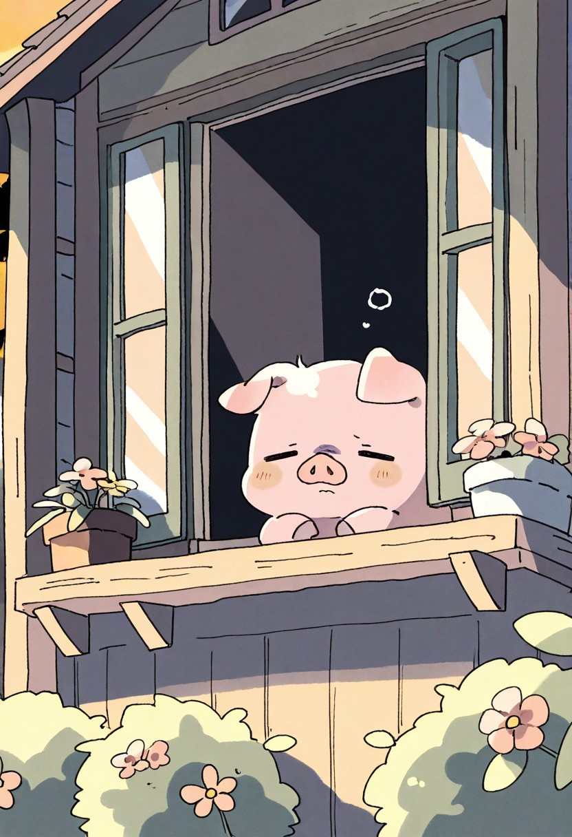 (masterpiece, best quality, high quality, highres), very awa, highres, absurdres,
(naguru \(cyoroama\), (chii-kun \(seedyoulater\):0.7), 
(pig:1.1),
(no humans:1.1), (cute:1.2), comfy, solo, cozy,
outdoors, 2 store house, looking in a window, sad, bored, flower pot, evening,