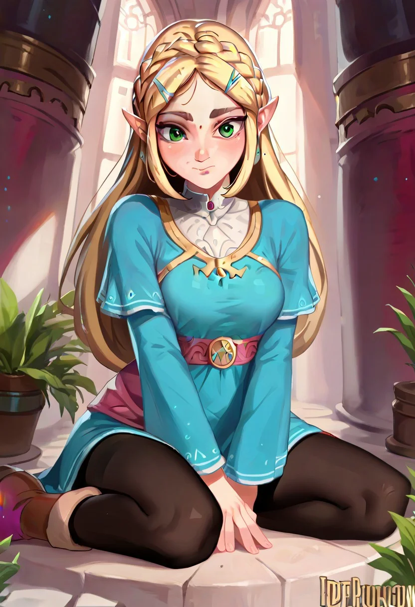 score_9, score_8_up, score_7_up, eyesHD, high gradient eyes, detailed eyes, high definition eyes perfect face, 1girl, (solo), Princess Zelda, detailed eyes, green eyes, black irises, blue dress, black leggings, brown boots, closed mouth, break.
Throne room background, stone palace