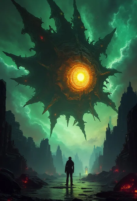 scenery style, A colossal, otherworldly entity, its form a maddening kaleidoscope of shifting flesh, bone, and rusted metal, hangs suspended within a swirling vortex of shattered stars and bleeding galaxies. Its single, unblinking eye, a sickly yellow orb crisscrossed by veins of crimson lightning, stares out from the heart of the maelstrom, casting an eldritch glow across a landscape of impossible geometry and decaying dreams. Digital art, dark fantasy art, cosmic horror, surreal, psychedelic, terrifying, beautiful, Lovecraftian, H.R. Giger, Zdzisław Beksiński, 8k resolution, ultra-detailed. The entity's appendages, a grotesque symphony of tentacles, claws, and barbed wire, writhe and pulse, reaching towards a lone, silhouetted figure standing atop a precarious precipice of broken monoliths. The ground below is a sea of shattered mirrors reflecting distorted realities, lit by the dying embers of a thousand suns. Dominated by a chilling, discordant palette of blacks, sickly yellows, vibrant greens, and deep purples, reflecting the unsettling beauty of cosmic horror. Sharp, dramatic lighting emanates from the entity's eye and the vortex, casting long, unsettling shadows across the landscape and emphasizing the vastness and incomprehensibility of the scene. Focus on the sheer scale and cosmic horror of the entity, juxtaposed against the insignificance of the lone figure who stares back with a mixture of awe and terror.